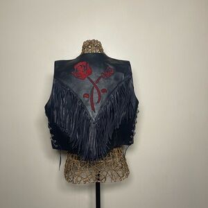 *VINTAGE BEAUTY* Black Leather Vest with Red Rose and Fringe